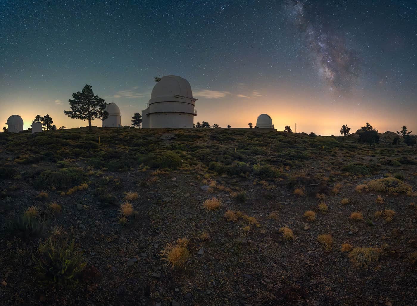 Observatory domes silhouetted beneath a dense field of stars