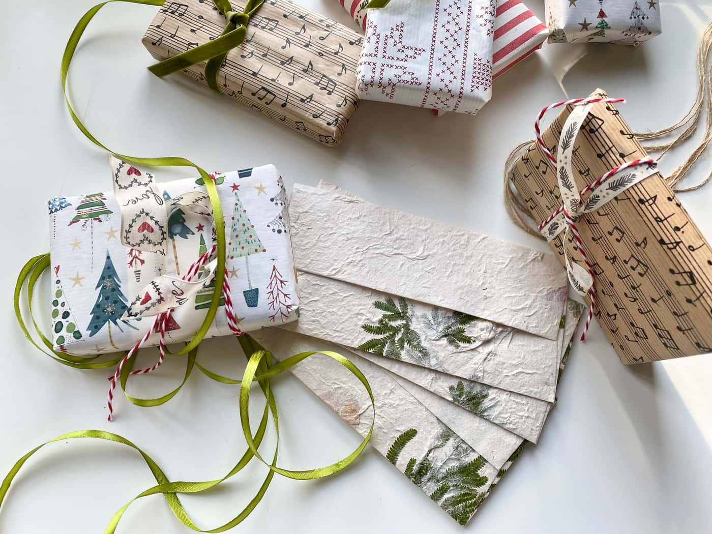 Wrapped gifts and decorative paper viewed from above
