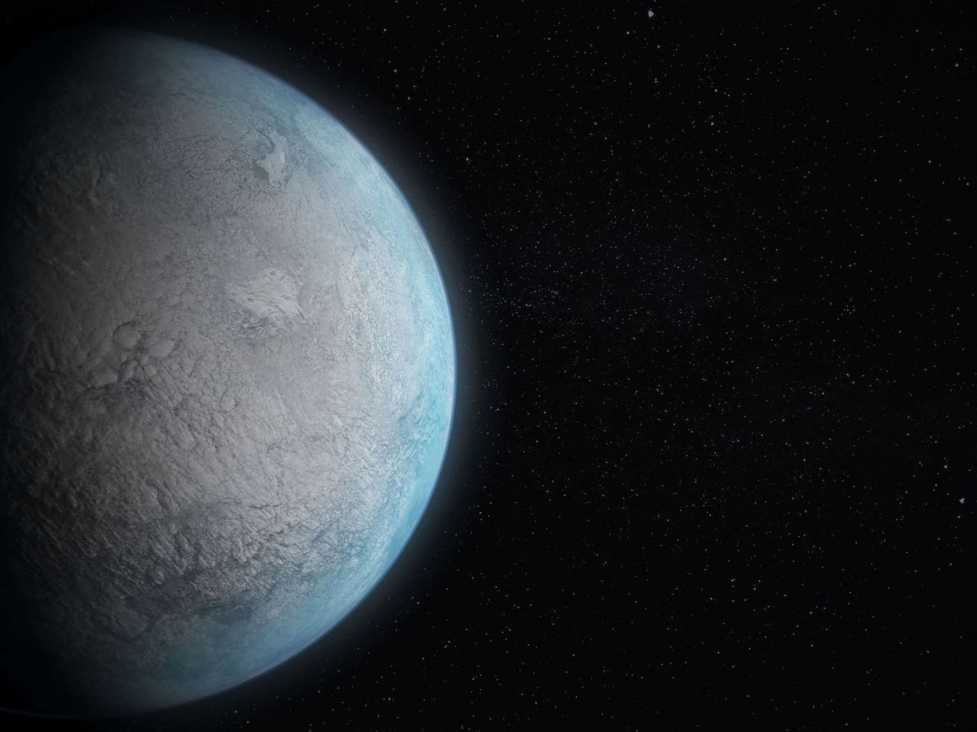 A space illustration of a distant ice-giant planet against a starfield, not an eyepiece view